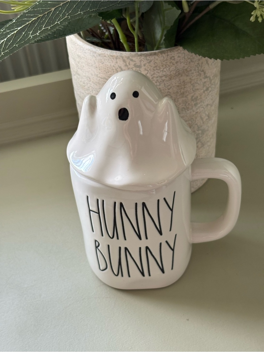 Rae Dunn White Ceramic "HUNNY BUNNY" Mug with Ghost Lid
